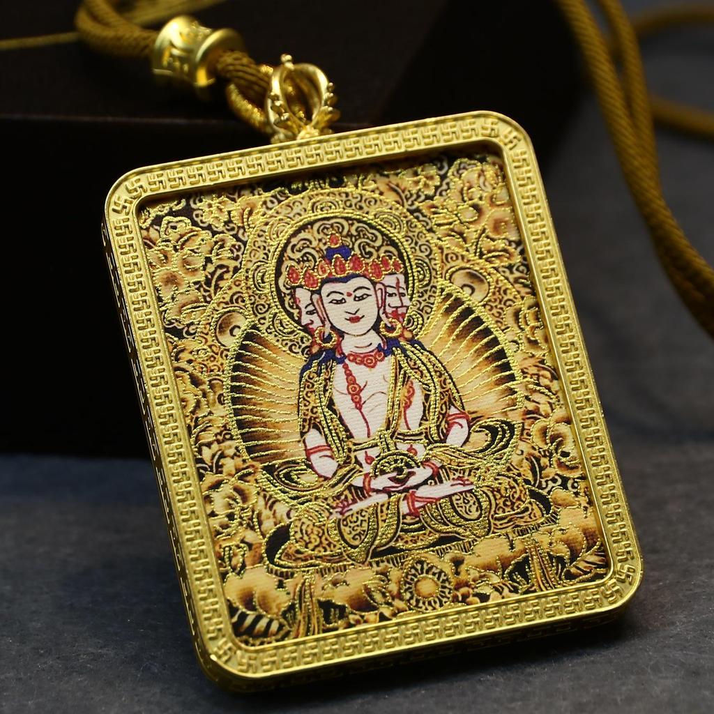 Tibetan Gold-Gilded Thangka Pendant Gau Box with Eight Protectors