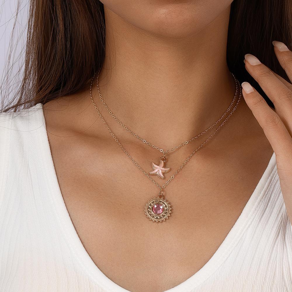 2pcs/set Crystal Sun Pendant Necklaces for Women Girls Starfish Choker Necklace Chain Party Holiday Jewelry Gifts