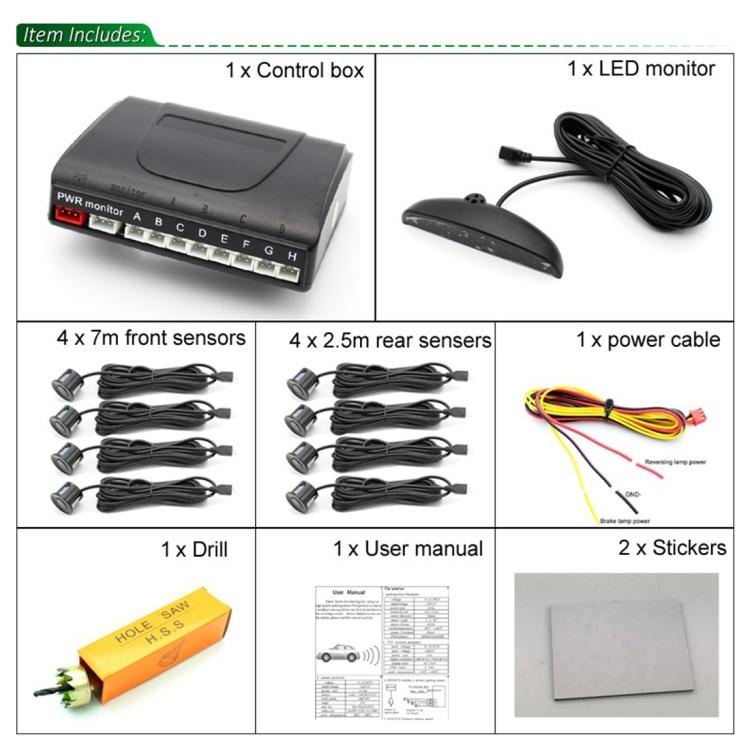 PZ-300-8 Auto-Parkplatz-Rückfahr-Summer LED-Monitor Parkwarnsystem mit 4*7m Frontsensoren und 4*2.5m Hecksensoren