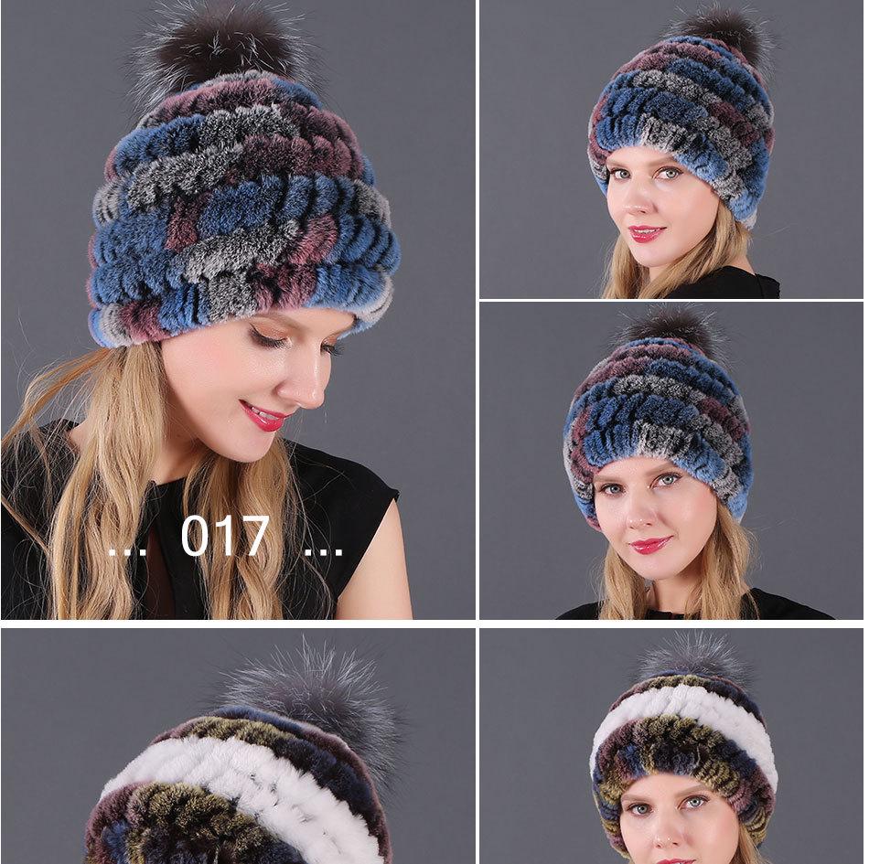Women's Fur Hat with Rex Rabbit and Fox Fur Pompon for Autumn and Winter