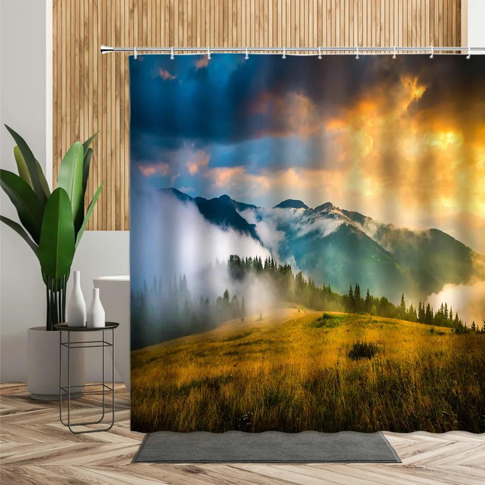 

European Natural Scenery Shower Curtain Lake Mountain Forest Wooden House Landscape Bathroom Curtains Home Bathtub Screen Decor W60H190(CM)-1 Pcs