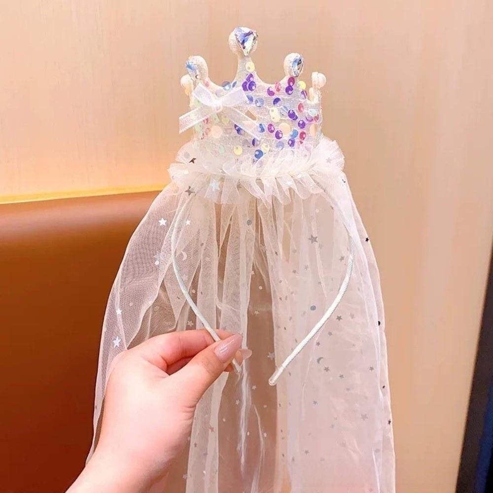 Sweet Princess Crown Veil Pink White Hair Accessories New Sparkly Tulle Headbands Girl