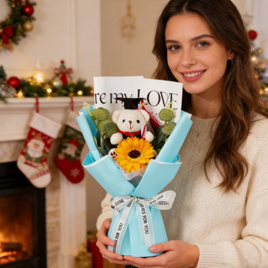 Studentgosedjurshjärte Virkad Solrosbukett Handstickad Garn Konstgjord Blomma med Studentgosedjur Dekoration Studentfest Presenter