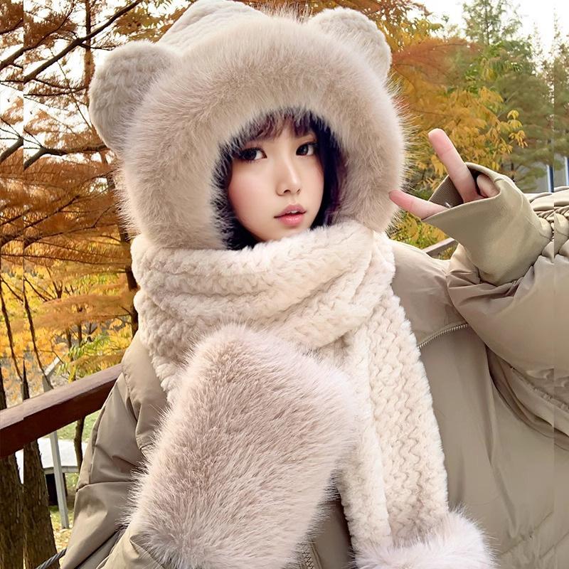 Cute Bear Hat Gloves Three In One Scarf Plush Hat for Women In Winter Riding Easy Outdoor High End Warm Hat