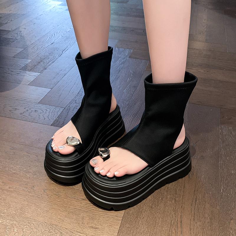 Fashion 8.5cm Ankle Boots Stretch Fabric Ankle Booties Fashion Ladies Summer Women Shoes Platform Wedge Flats Sandals Leather Peep Toe