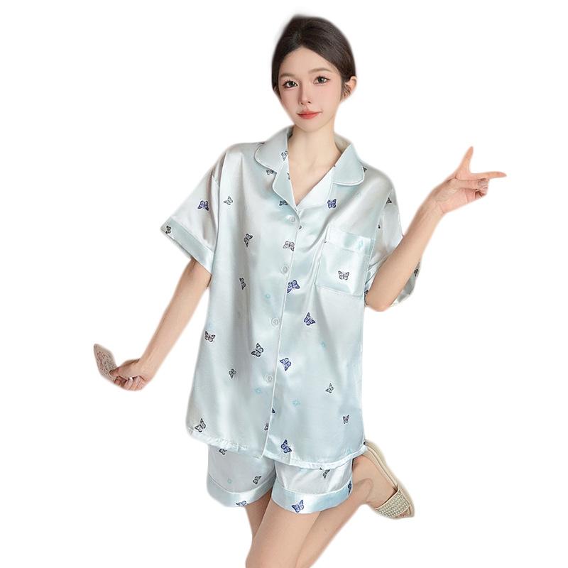 Summer Fresh High-End Lapel Short-Sleeved Imitation Silk Pajamas Women'S Butterfly Printing Can Be Worn Outside Loungewear