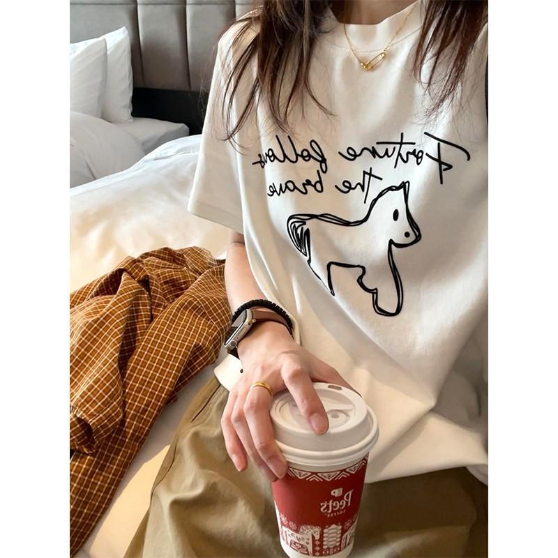 MISSMARM Korean pony flocking printing super soft double-sided cotton short-sleeved T-shirt women's summer versatile top