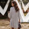 Women Casual Summer Mini Dress V-neck Single Breasted Print Above Knee Three Quarter Sleeve Sizes S-XL Black White Burgundy