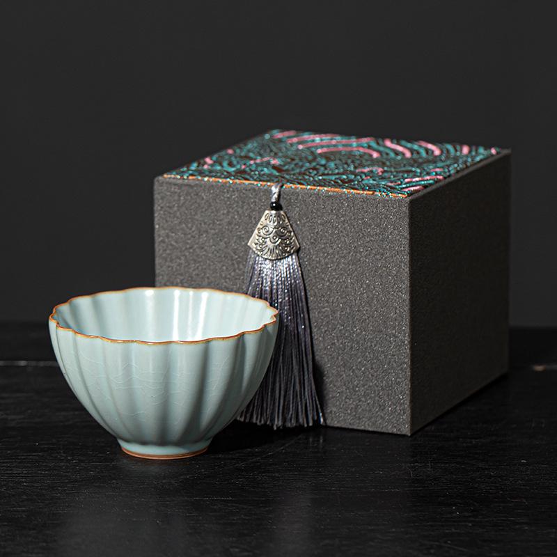 Ru Kiln Crackled Ceramic Gongfu Tea Tasting Cup - Cultivable Master Cup in Gift Box Packaging.