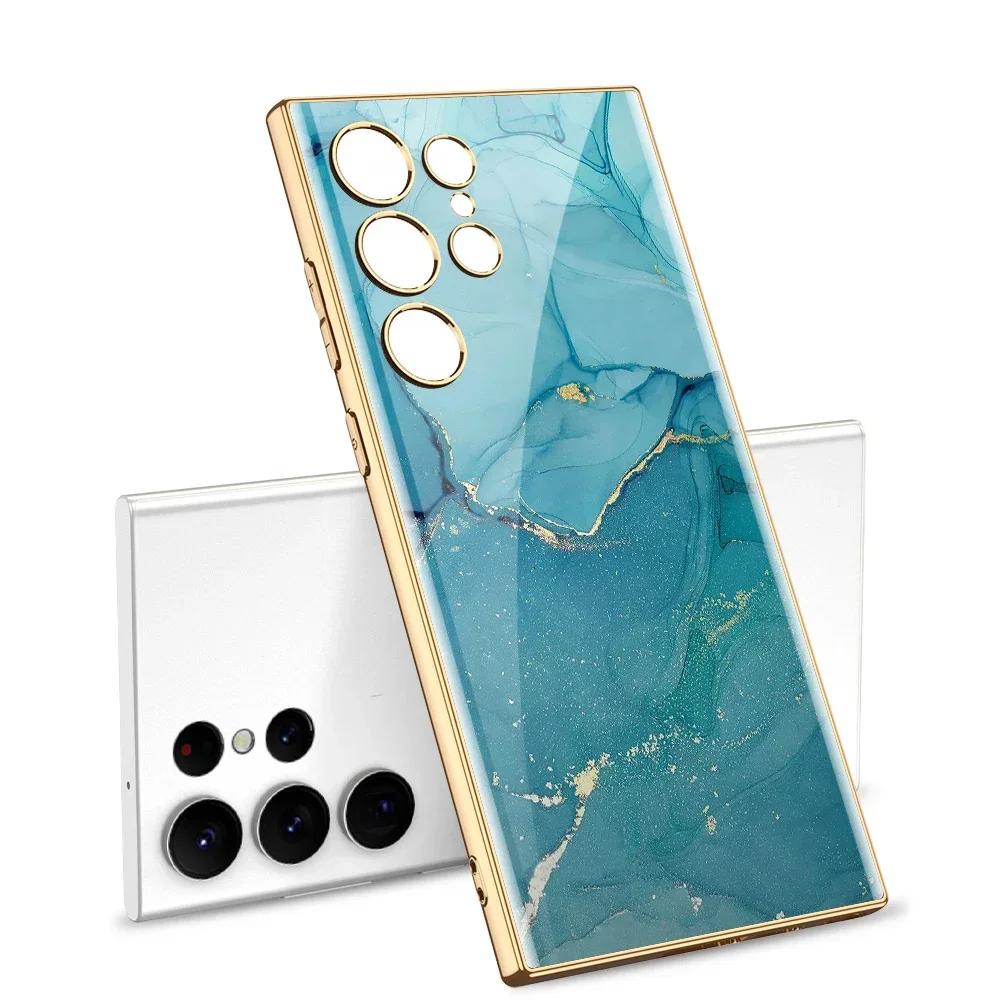 Pouzdro z malovaného tvrzeného skla pro Samsung Galaxy S24 S23 Ultra Luxusní pokovení Měkký okraj Ochranný kryt pro pouzdro Galaxy S24 Ultra