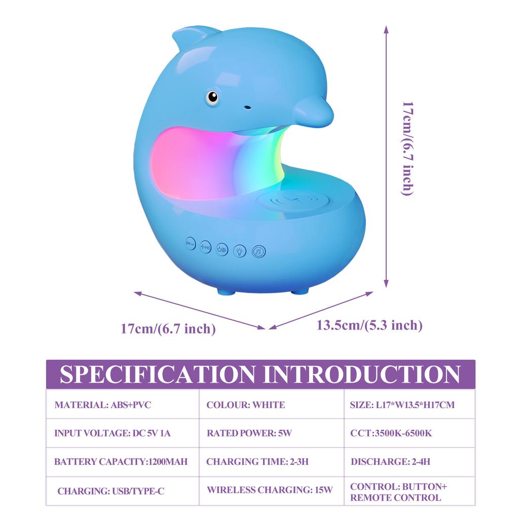Cute Dolphin Night Light Mobile Wireless Charging Night Light Bedroom Bedhead Desk Lamp Wireless Bluetooth Atmosphere Lighting