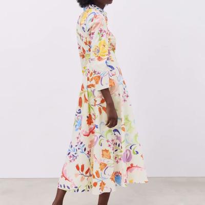 Floral Print Women Dress Turn-down Collar A-Line 45720 Sleeve Single-breasted Mid-Calf Shirt Dress