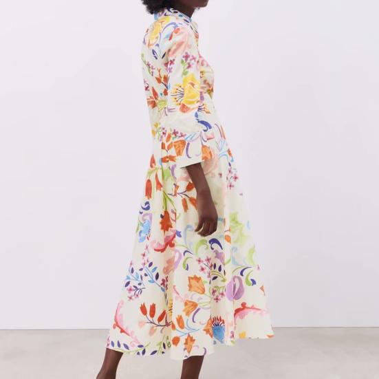 Floral Print Women Dress Turn-down Collar A-Line 45720 Sleeve Single-breasted Mid-Calf Shirt Dress