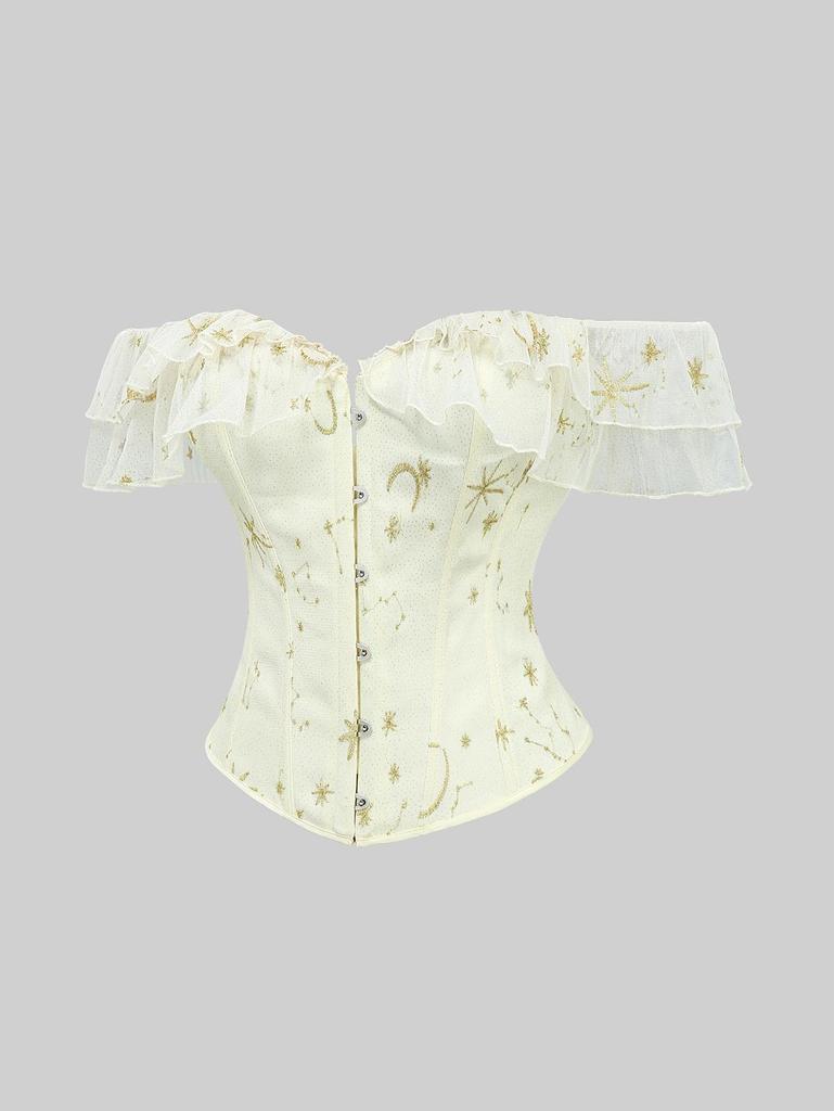 Rosegal Gothic Moon Star Gilding Embroidered Ruffles Lace Up Back Functional Corset