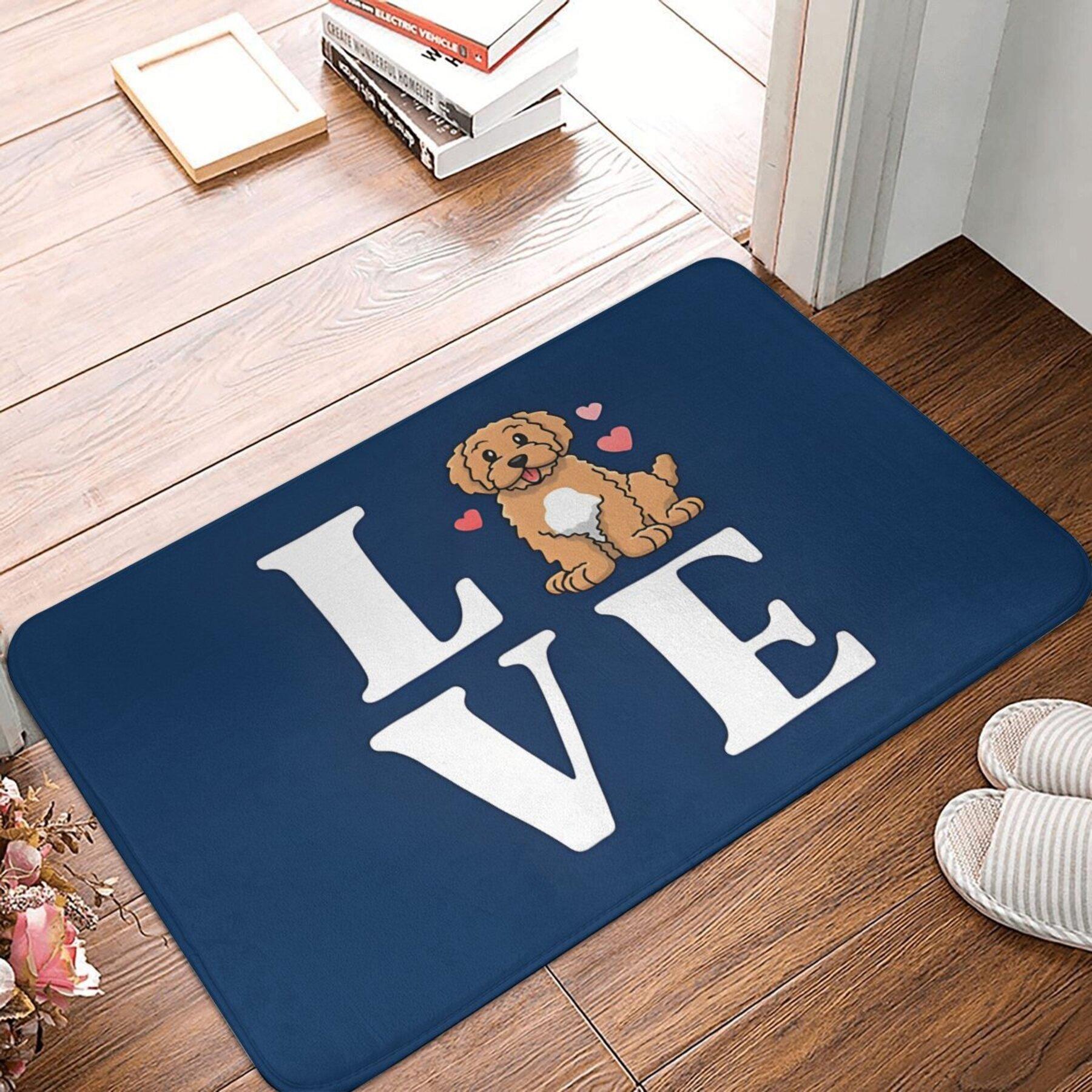 

LOVE Lettering Mat with Dog Illustration in O , Navy Blue Background, Polyester Rug for Indoor Home Decor 1PC 40x60cm