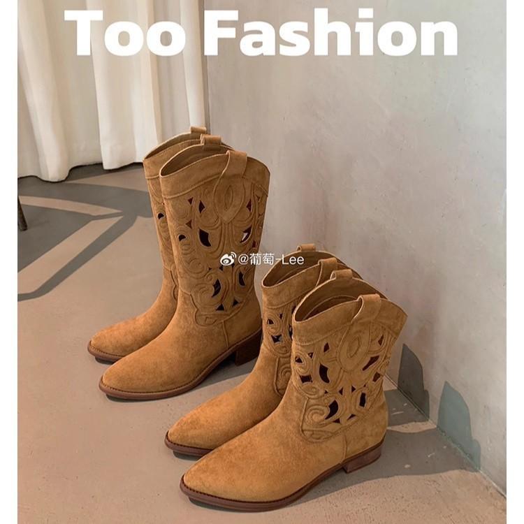 Cowhide Version~ New Short Boots Women's Western Cowboy Boots Embroidered Hollow Women's Thick Heel V-mouth Thick-soled Retro Knight Boots Women