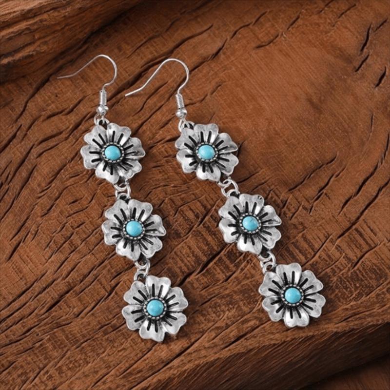 Vintage Daisy Flower Pendant Earrings Bracelet, Boho Style Faux Turquoise Tassel Dangle Earrings, Gift