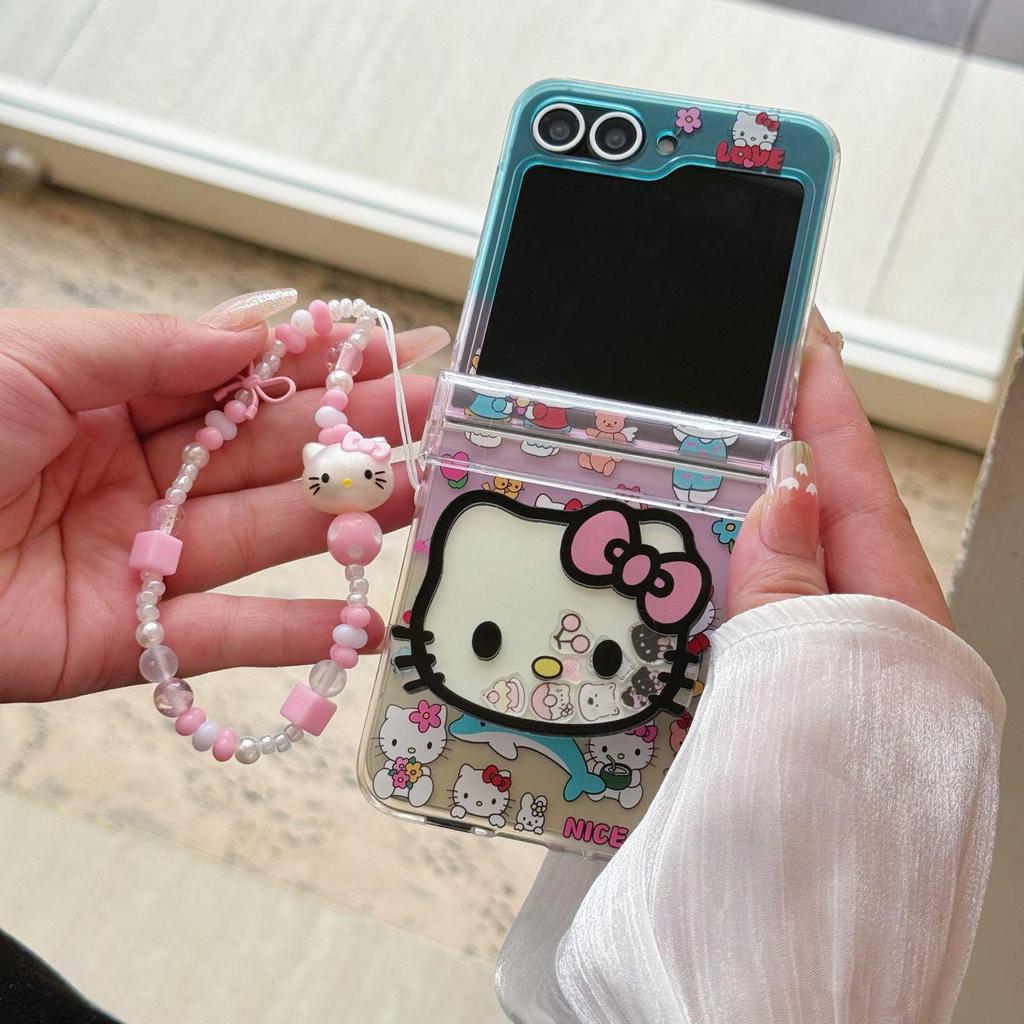 Capa Cartoon Gato KT para Z Flip, Tela Dobrável, à Prova de Queda, Capa Protetora Criativa para Mulheres com Pulseira