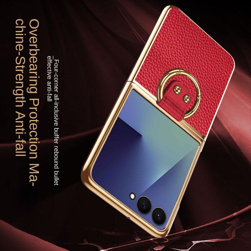 For Samsung Galaxy Z Flip 7 Case Luxury Litchi Leather Skin With Ring Protective Back Cover Case For Z Flip 7 Phone Shell