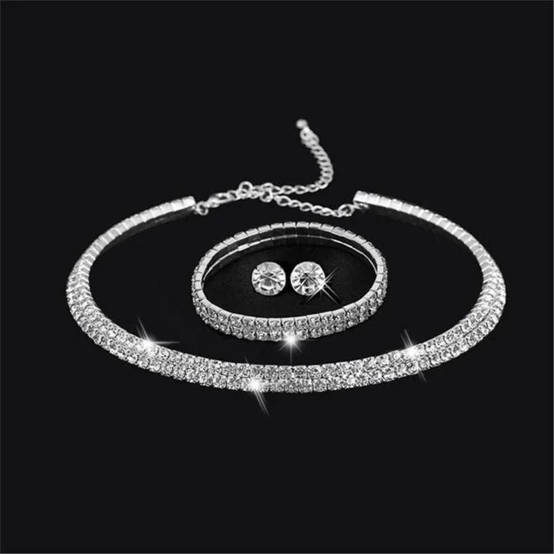 3Pcs Full Diamond Necklace Earrings Bracelets Three Piece Set Of Metal Flower Hollow Collar Bridesmaid Bride Set Female Jewelry
