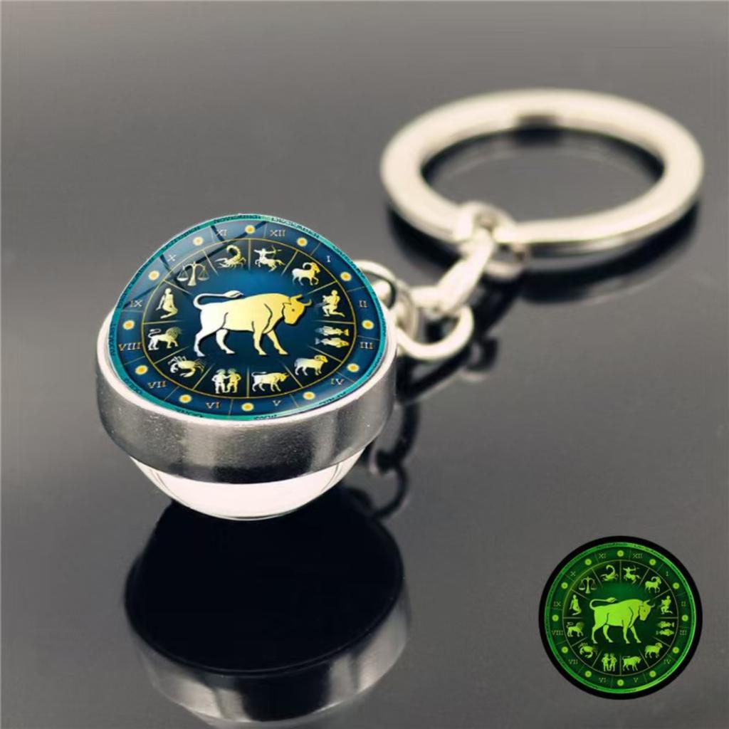 12 Zodiakentecken Nyckelring Väskhänge Tid Ädelsten Dubbelsidig Glaskula Nyckelring