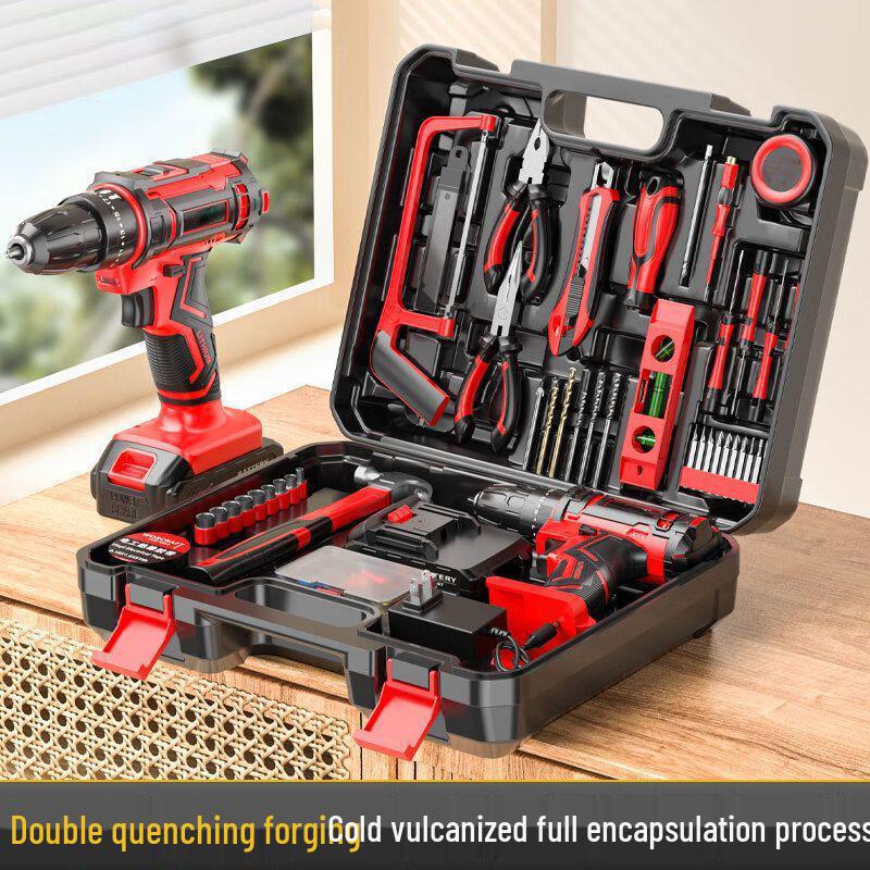 Cordless Lithium Battery Drill Hand Tool Set for Electricians & Carpenters - Multifunctional Repair Kit with Tool Box