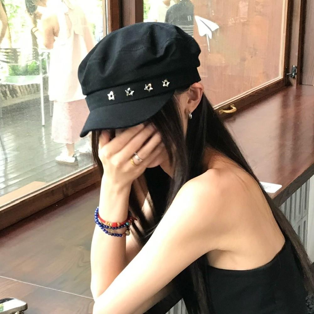 

Flat Top Star Hole Berets Black Newsboy Hats Fashion Octagonal Cap Ladies
