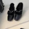 Retro Square Head Fur Slip-On Shoes Metal Buckle One-Strap Lightweight Mary Jane Shoes for Women