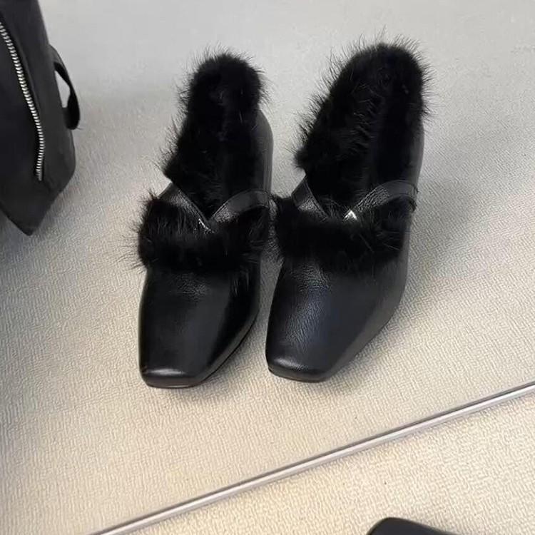 Retro Square Head Fur Slip-On Shoes Metal Buckle One-Strap Lightweight Mary Jane Shoes for Women