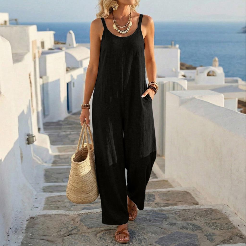 Ladies' Color Casual Fashion Wide Leg Pocket Jumpsuit