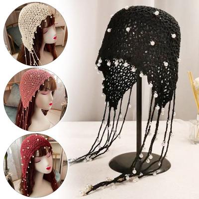 Handmade Crochet Hats Pearl Headscarf Hats Cute Tassels Hats  Travel