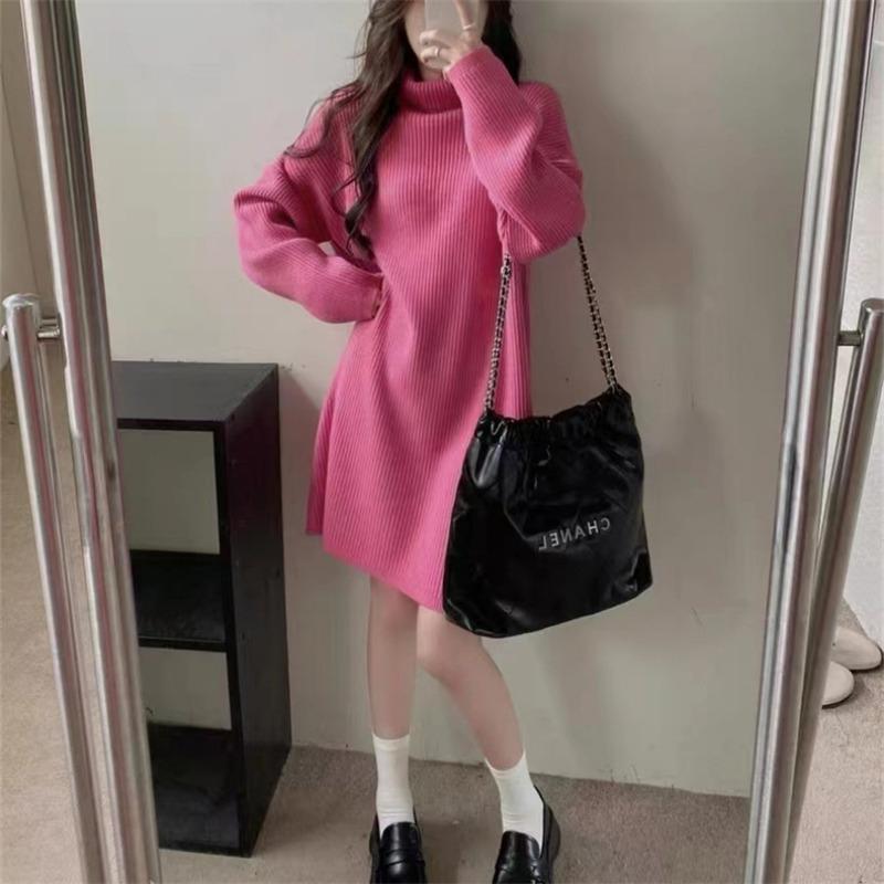 

Осень и зима новый свободный и ленивый стиль водолазка пуловер женская мода универсальное средней длины внутреннее платье one size fits all розовый