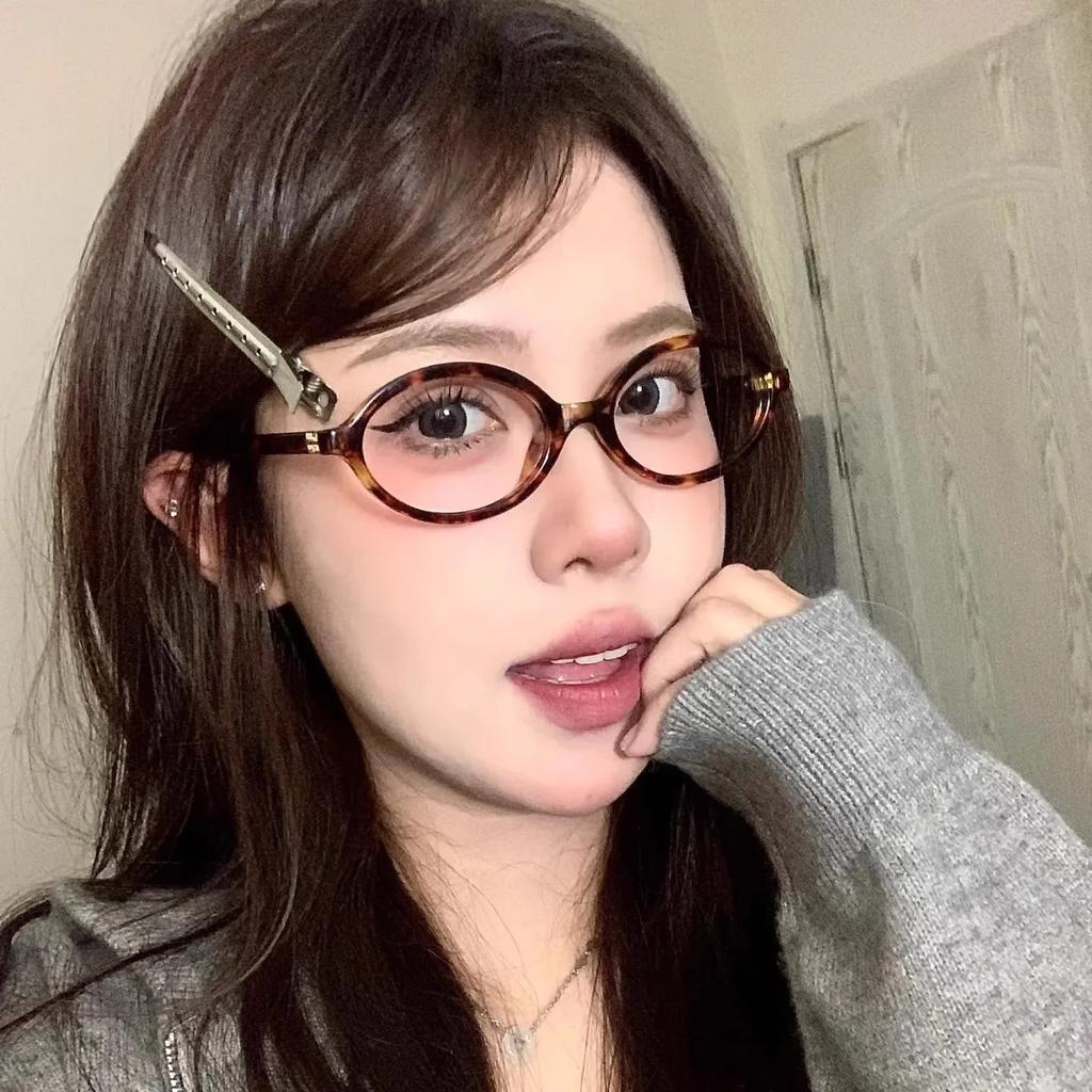 Y2K Retro Oval Frame Anti-Blue Light Glasses Sweet Cool Girls Black Leopard Glasses Vintage Simple Women Plain Glasses Eyewear