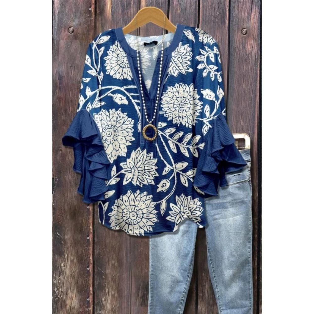 Large Women's Bohemian V-neck Shirt with Ruffle Sleeves, Grey Brown Floral Print Top, Casual Breathable Machine Washable Pullover