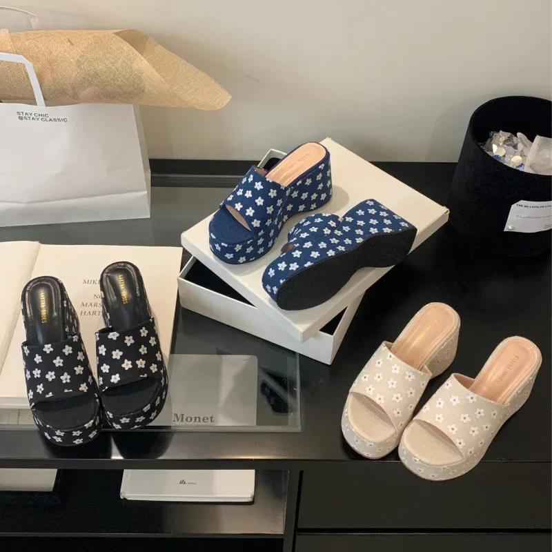 Blue Heels Sandals Women Slippers Beige Flowers Platform Chunky Heels 9cm Sandals Summer Shoes Women Zapatos De Mujer 2025