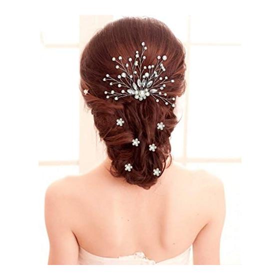 Formemory Bridal Hair Accessories Set - Pearl Flower Hair Pins (6pcs), U-Shaped Pins (20pcs), Headpiece, Formal Wedding Hair Comb, Tiara, Hair Clips