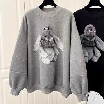 Sweatshirt Women's Fashion Little Rabbit Round Neck Hoodie for Women, Autumn and Winter New Item, Plus Size, Loose Fit Jacket, On Top of Clothes