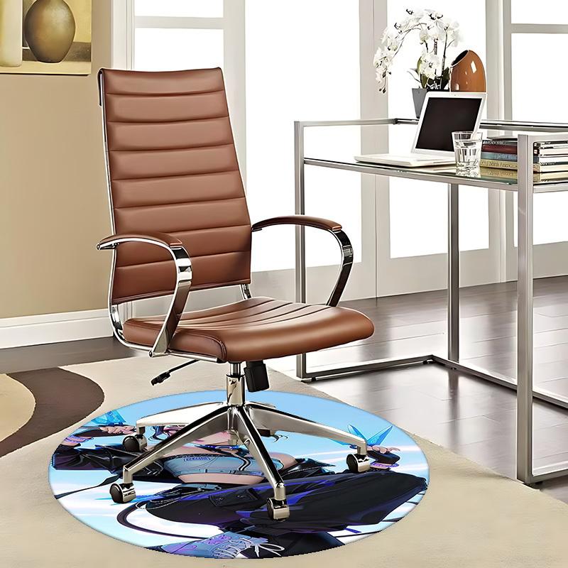 1 Stück Anime-Design Runder Teppich - Bürostuhlmatte mit Blauem Scheren-Aufdruck, Geeignet für Heimdekoration, Gaming-Zimmer