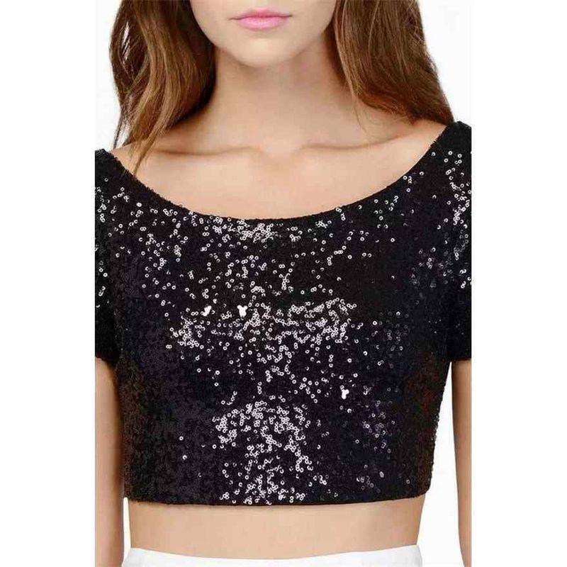 2025 Amazon European and American Sequined Tops Ebay Sexy Backless Crop Top Women s T-Shirt Short Sleeve Black S