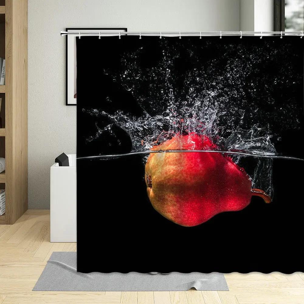 Tropical Summer Fruits Printed Shower Curtain, 3D, Cherry, Orange, Strawberry, Pear, Bathroom Decor, Curtains with Hooks