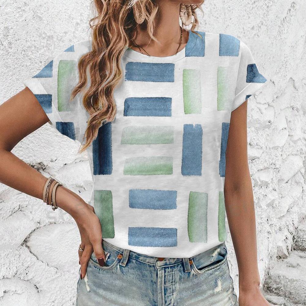 Women's Short Sleeve Crew T-Shirt Fashion Geometric Lines Print T-Shirt Summer Casual Elegant Top Women's Clothing T-Shirt