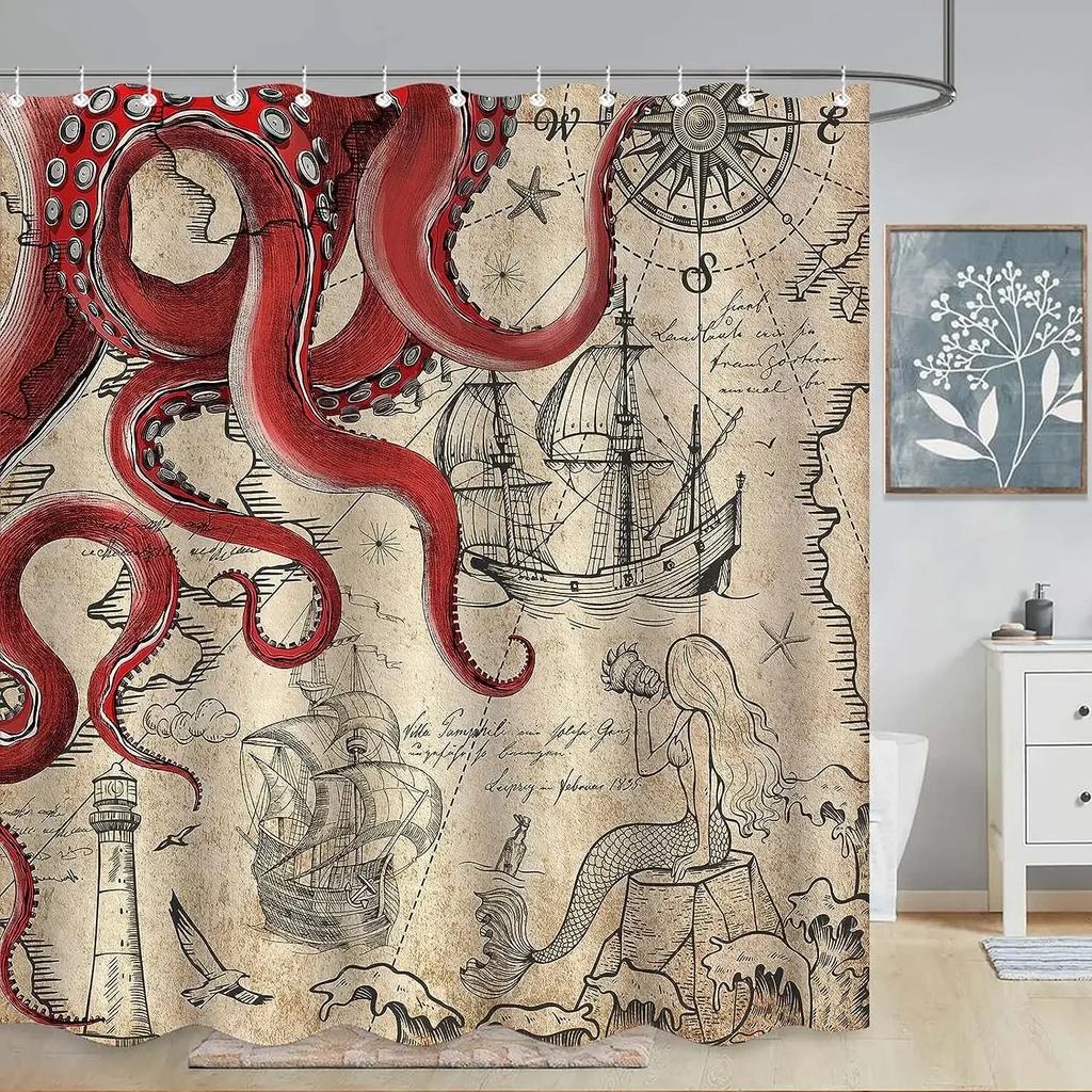 וילונות מקלחת מצחיקים תמנון חיית ים בתולת ים סירת מפרש מפה ימית וינטג' וילון אמבטיה בד קישוט לאמבטיה עם ווים
