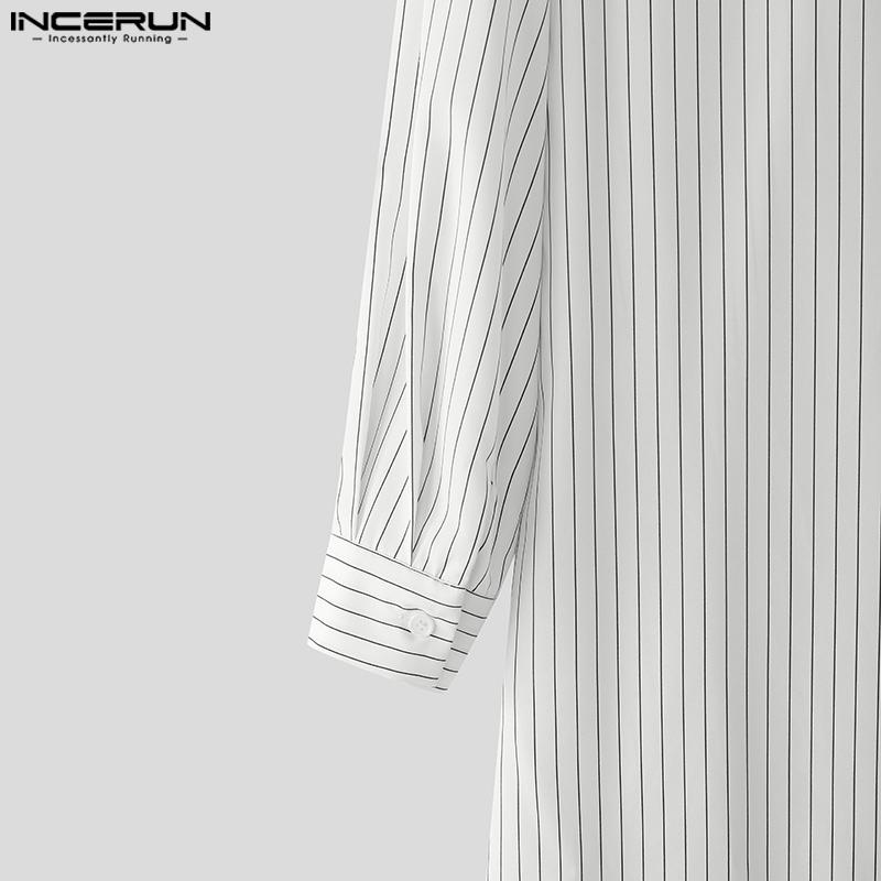 INCERUN Oversized Men Lapel Neck Long Sleeve Striped Loose Long Tunic Casual Shirts