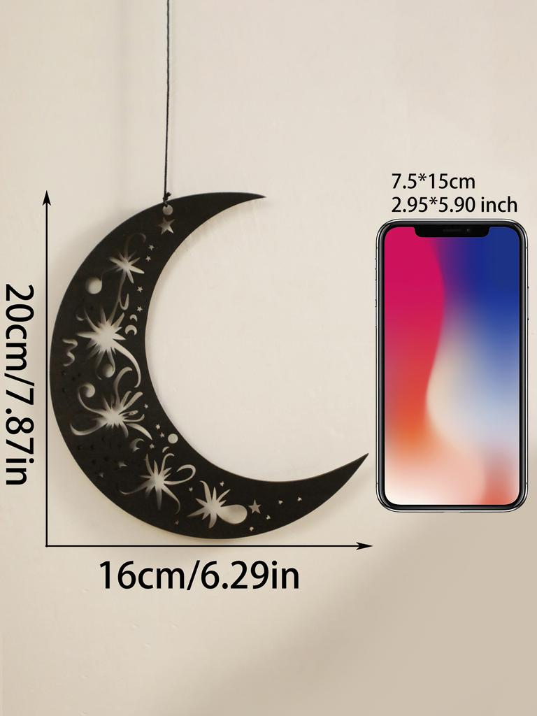 Wanddeko aus Holz - Schwarzer hölzerner Halbmond mit Sternausschnitten, Hängelaternen für Ramadan Eid, Islamisches Fest Heimdeko