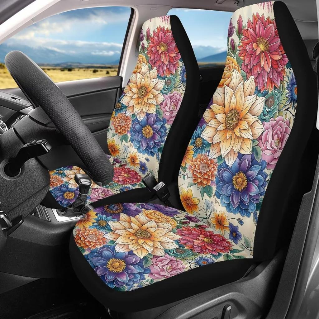 Bulopur Black Boho Floral Car Seat Covers Front Seats Only for Women Men Seat Covers w/Organizer Pocket for Cars SUV Truck Sedan