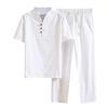Men's Baggy Cotton Linen Pocket Solid Short Sleeve Retro T Shirts Top Pant 