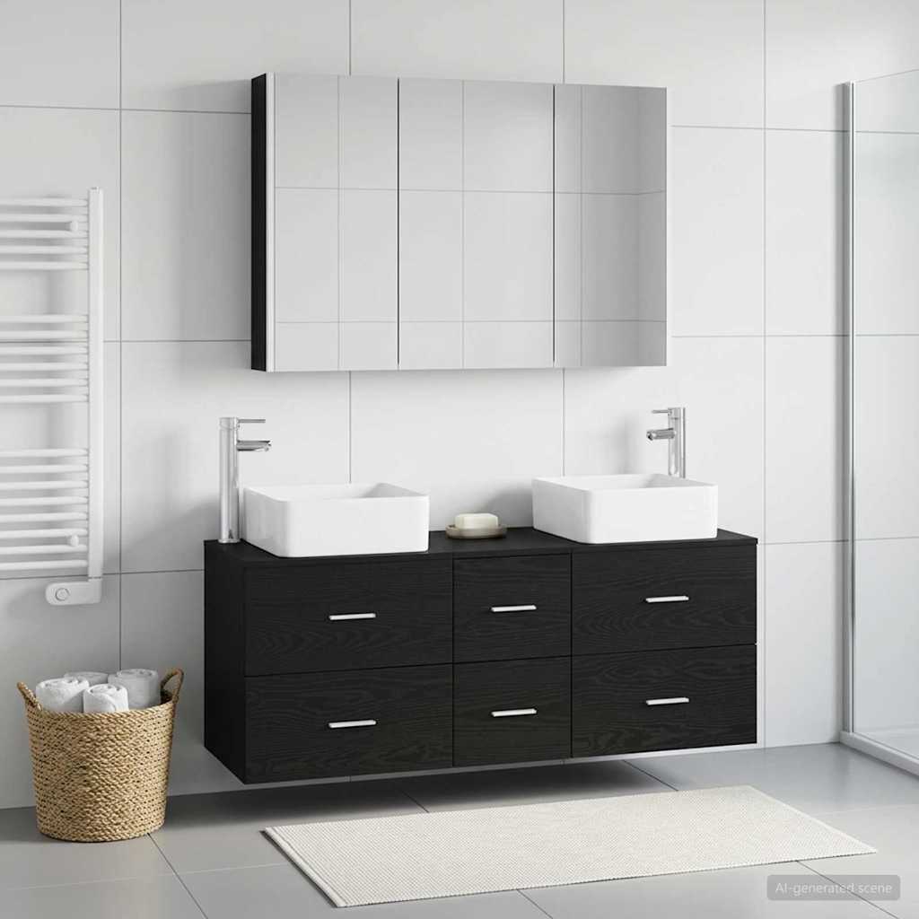 Bathroom Furniture Set 4 Pcs Black Oak Engineered Wood and Glass