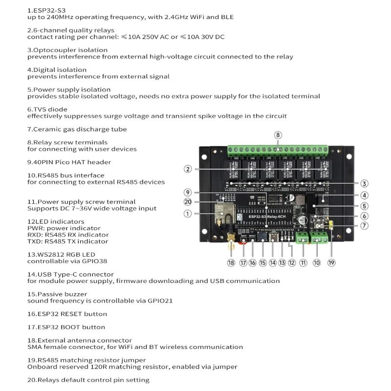 Industrial 6CH ESP32S3 WiFi Relays Module Onboards RS485 HAT Interfaces Supports WiFi Bluetooth-compatible
