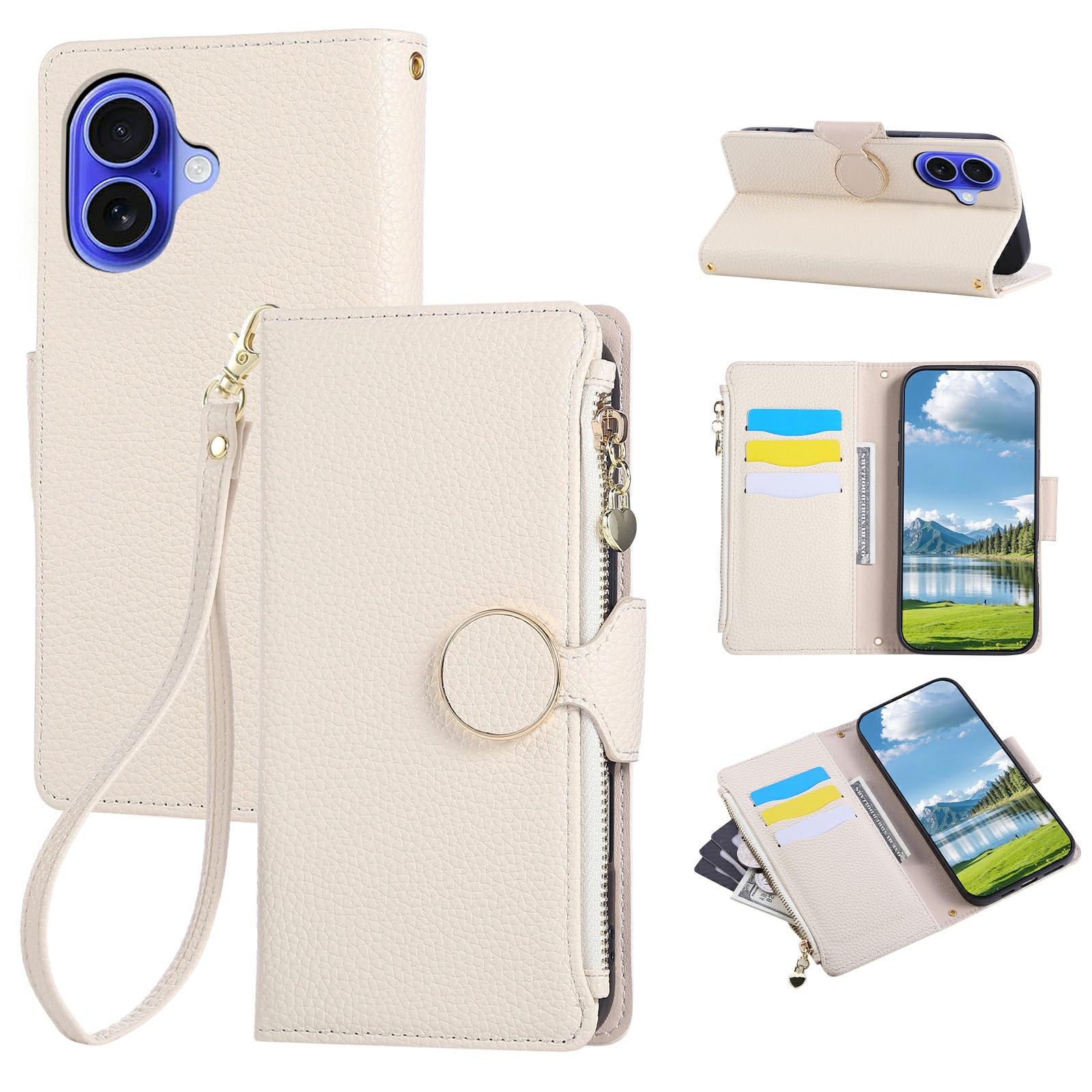 

For iPhone 16 Case Zipper Wallet Leather Phone Cover with Wrist Strap Beige