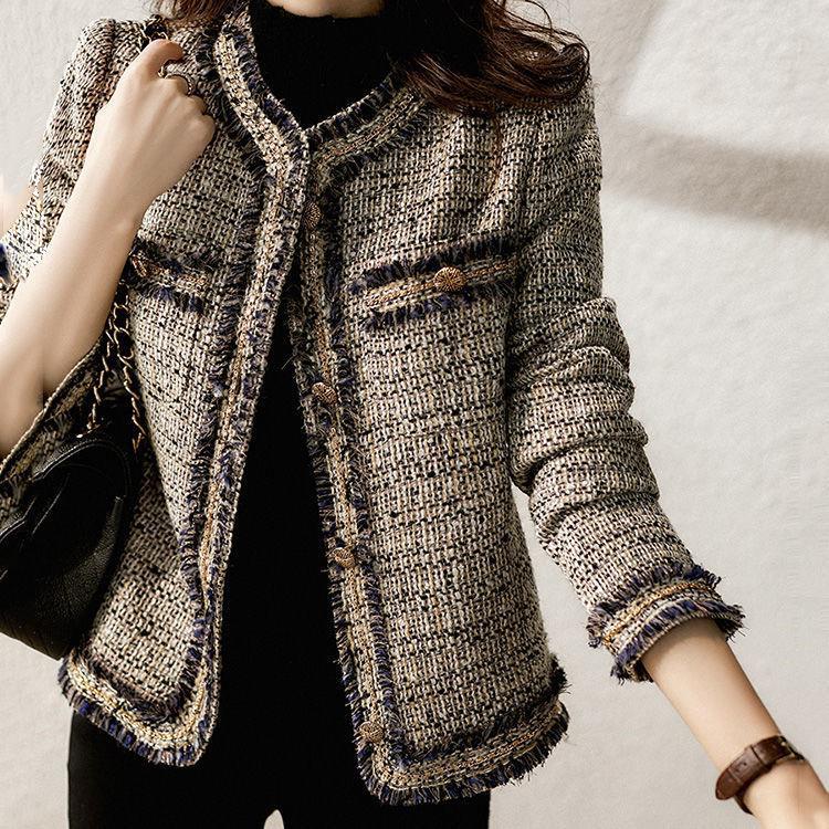 Francouzský malý parfémový styl tvídové sako pro ženy na jaro a podzim Vynikající vlněný top krátký